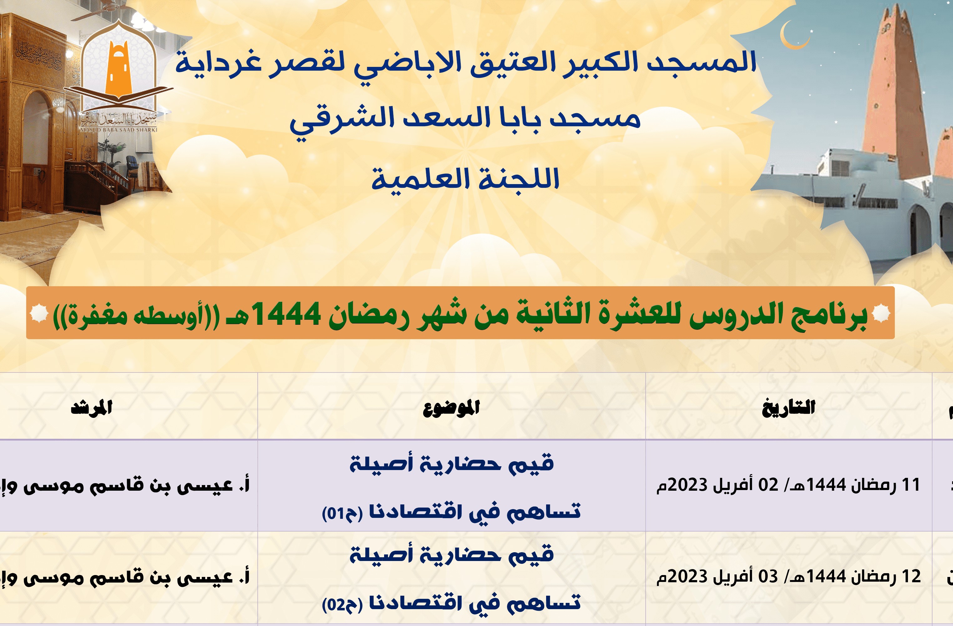 برنامج الدروس للعشرة الثانية من شهر رمضان المعظم 1444هـ